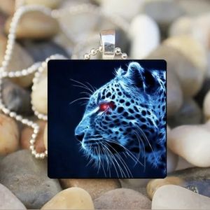 New Red Eye Leopard Silver Glass Square Cabochon Necklace.